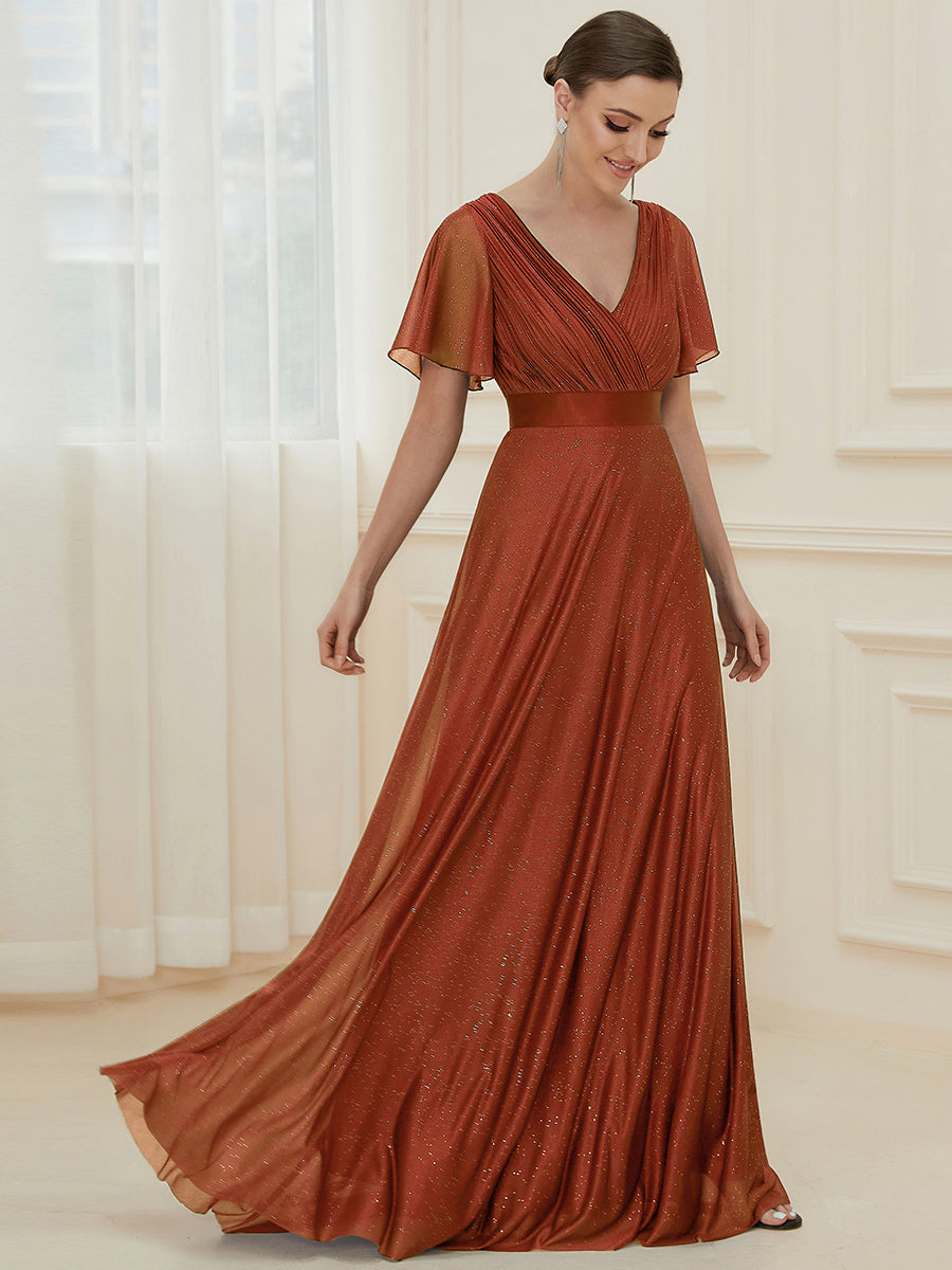 Sparkling Short Sleeve V-Neck Ribbon Waist A-Line Evening Dress #color_Burnt Orange