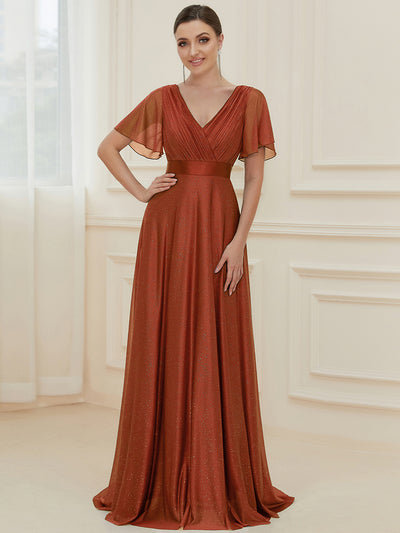 ever LIORÉ|Sparkling Short Sleeve V-Neck Ribbon Waist A-Line Bridesmaid Dress