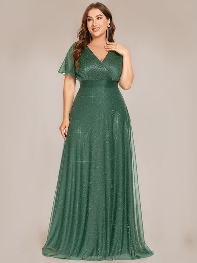 Sparkling Short Sleeve V-Neck Ribbon Waist Plus Size Formal Evening Dress #color_Eucalyptus