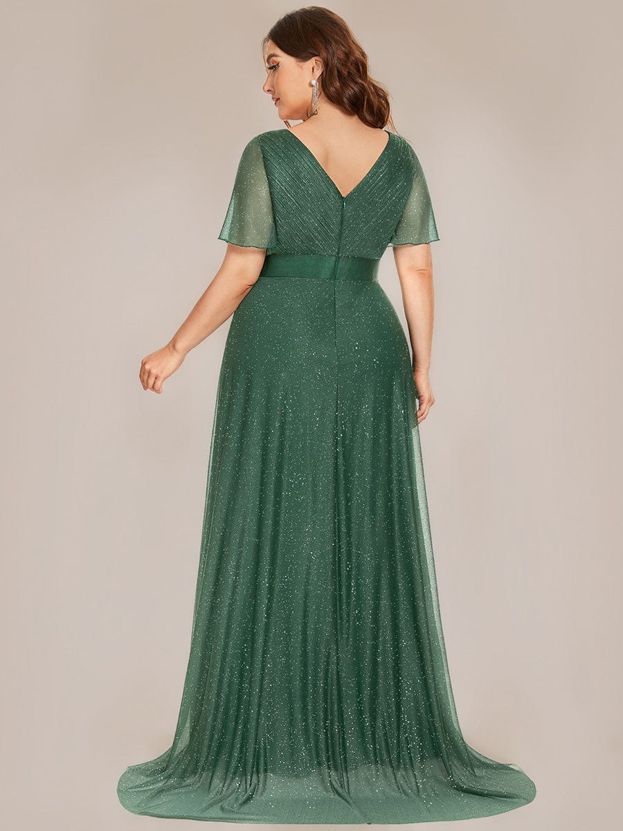 Sparkling Short Sleeve V-Neck Ribbon Waist A-Line Evening Dress #color_Eucalyptus