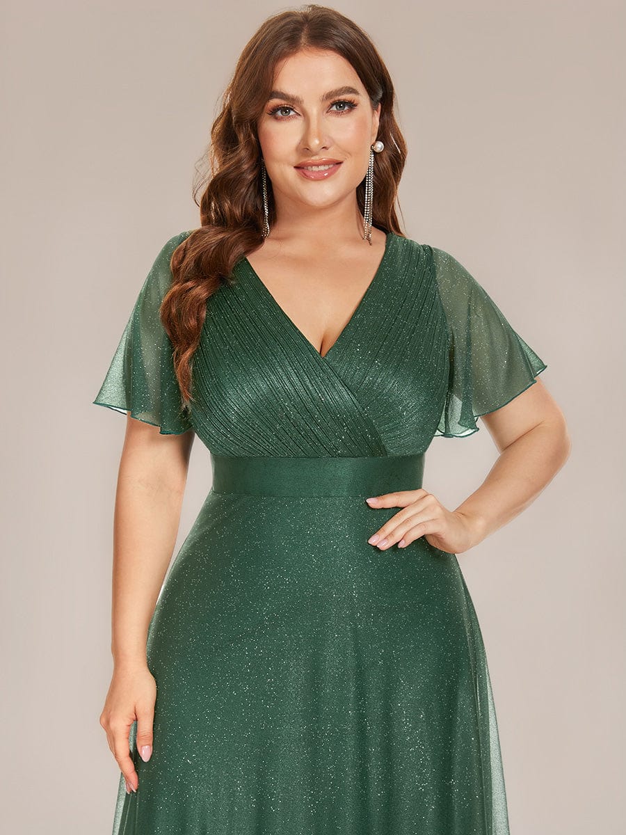 Sparkling Short Sleeve V-Neck Ribbon Waist Plus Size Formal Evening Dress #color_Eucalyptus