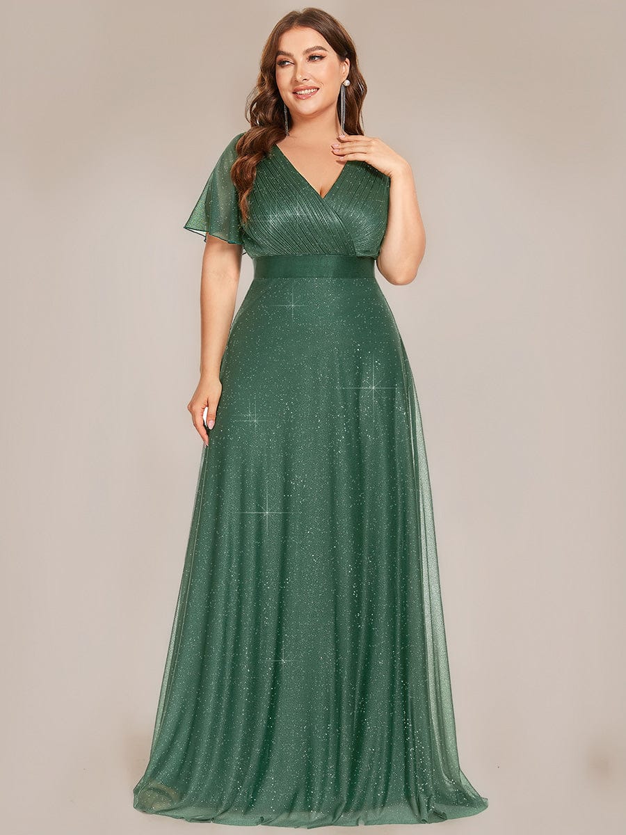 Sparkling Short Sleeve V-Neck Ribbon Waist A-Line Evening Dress #color_Eucalyptus