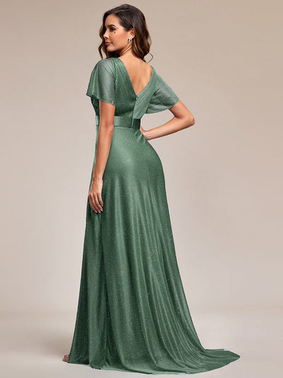 Sparkling Short Sleeve V-Neck Ribbon Waist A-Line Evening Dress #color_Eucalyptus