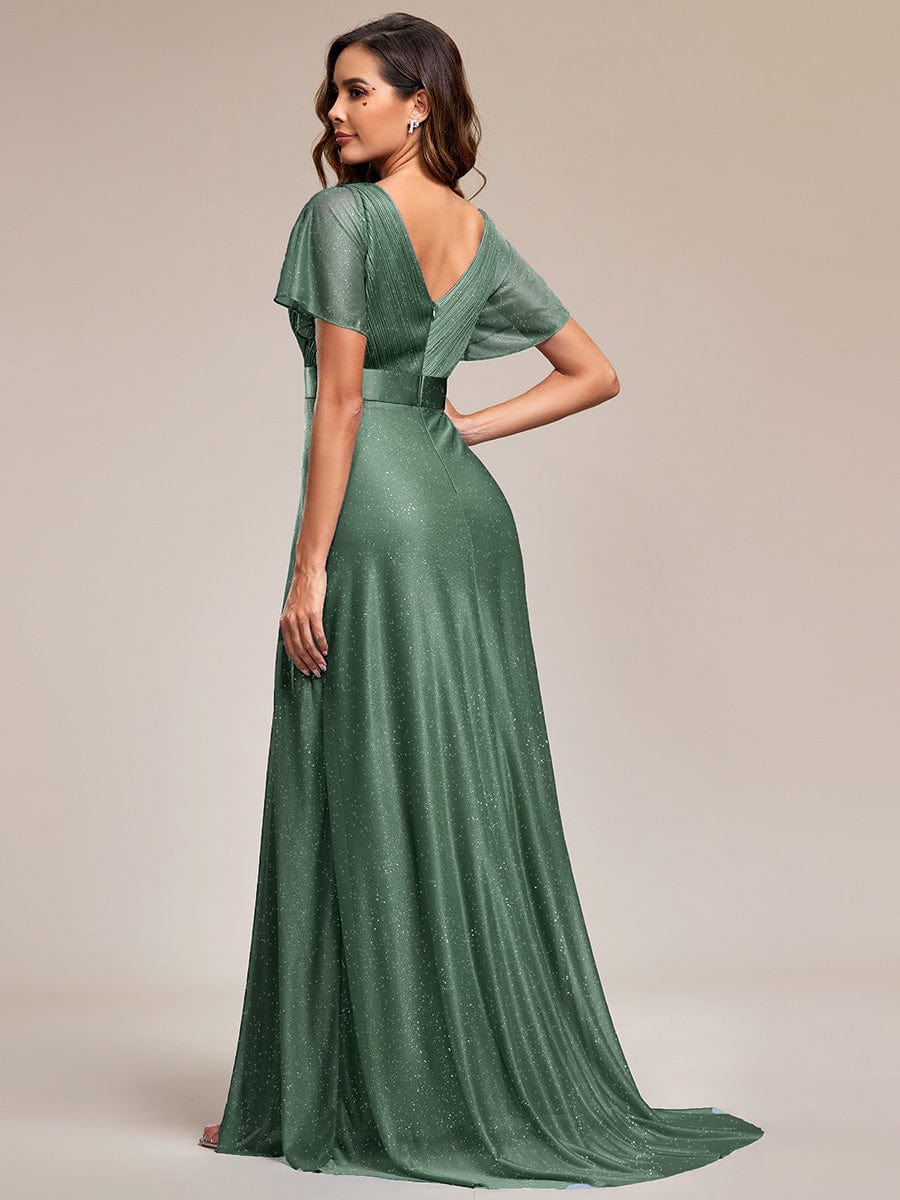 Sparkling Short Sleeve V-Neck Ribbon Waist A-Line Evening Dress #color_Eucalyptus