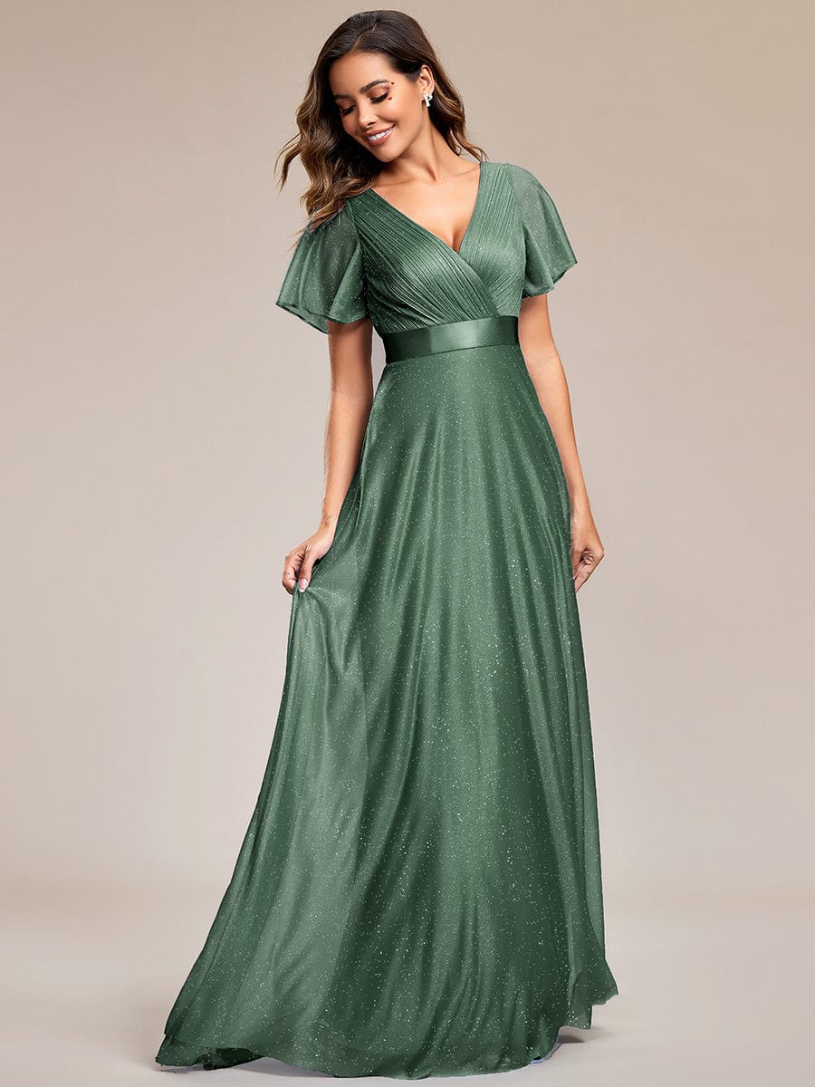 Sparkling Short Sleeve V-Neck Ribbon Waist A-Line Evening Dress #color_Eucalyptus