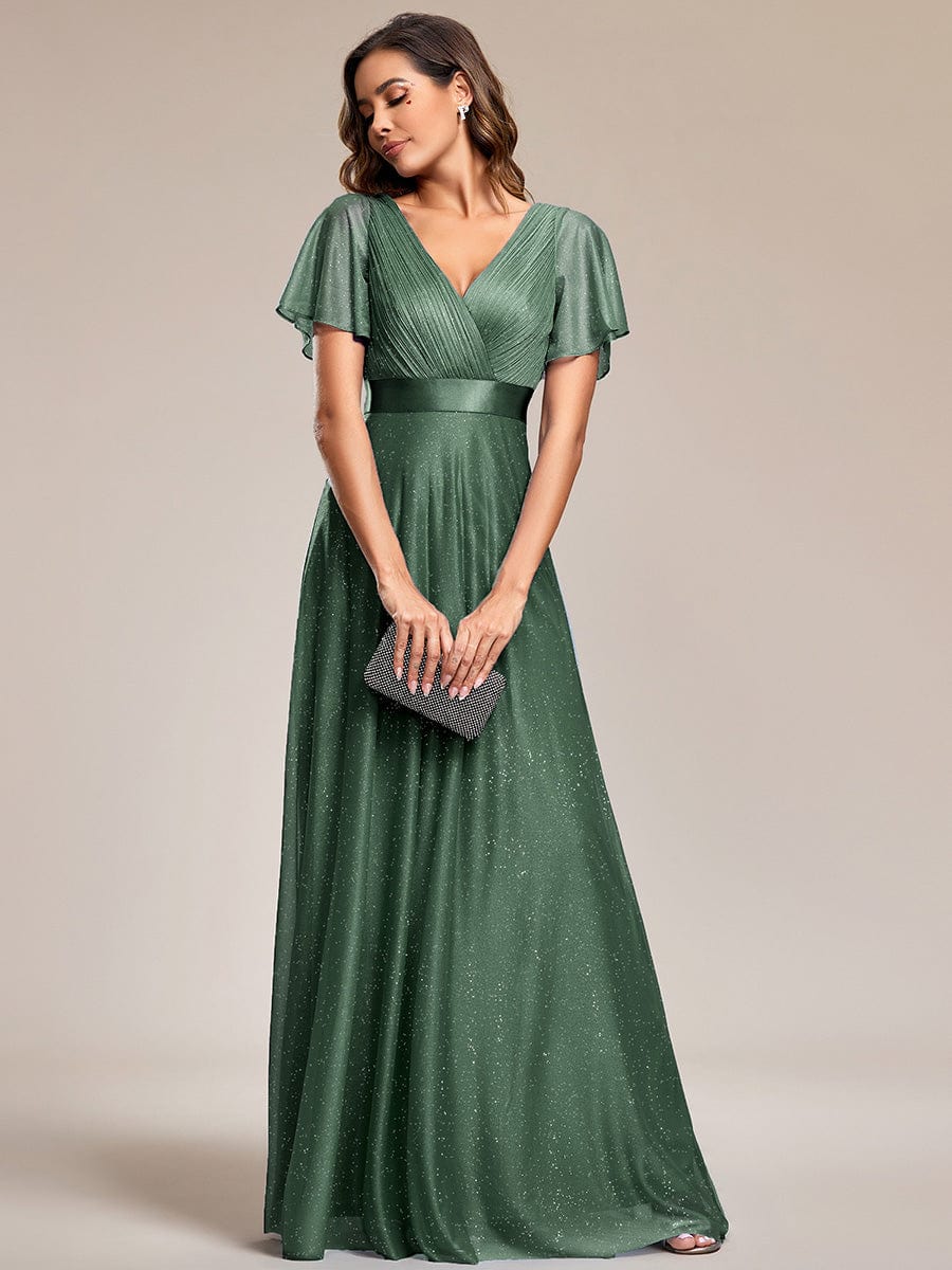 Sparkling Short Sleeve V-Neck Ribbon Waist A-Line Evening Dress #color_Eucalyptus