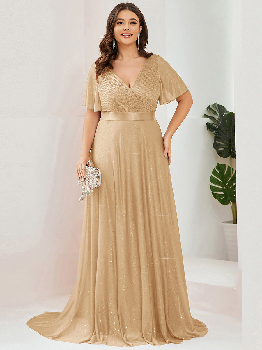 Sparkling Short Sleeve V-Neck Ribbon Waist A-Line Evening Dress #color_Gold