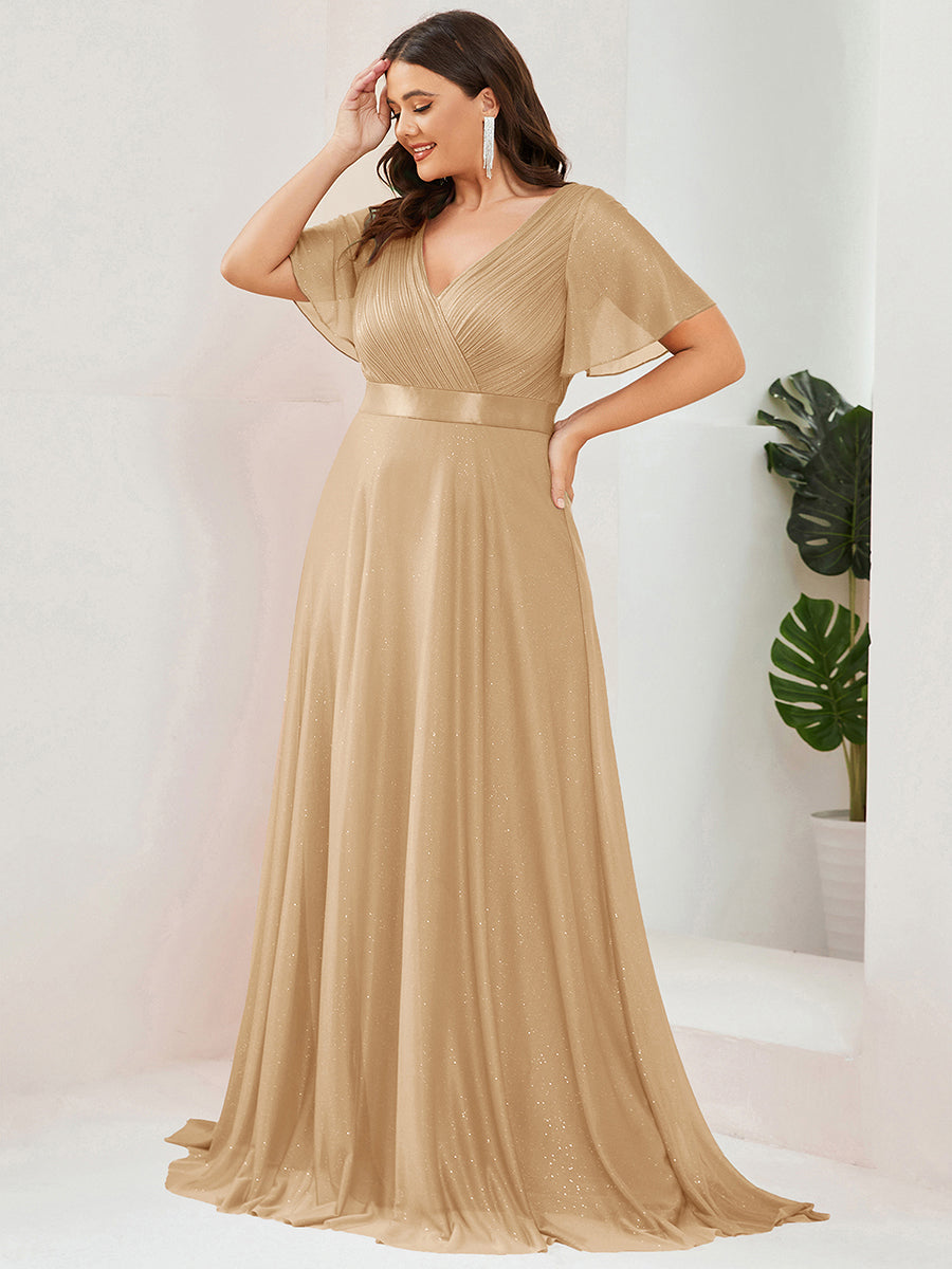 Sparkling Short Sleeve V-Neck Ribbon Waist Plus Size Formal Evening Dress #color_Gold