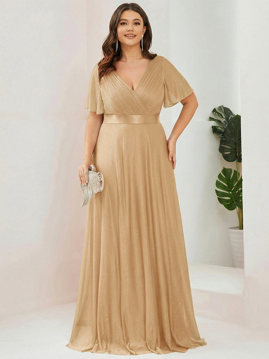 Sparkling Short Sleeve V-Neck Ribbon Waist A-Line Evening Dress #color_Gold