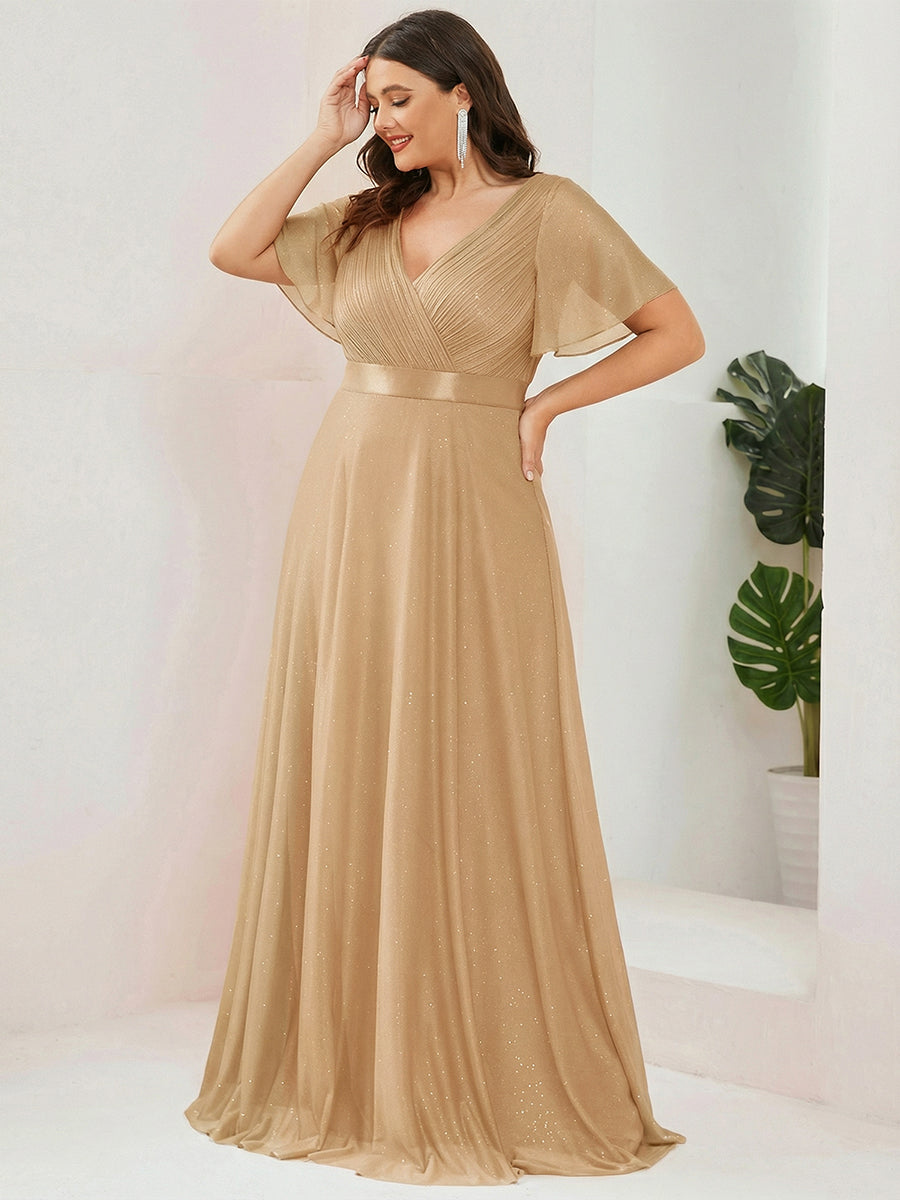 Sparkling Short Sleeve V-Neck Ribbon Waist Plus Size Formal Evening Dress #color_Gold