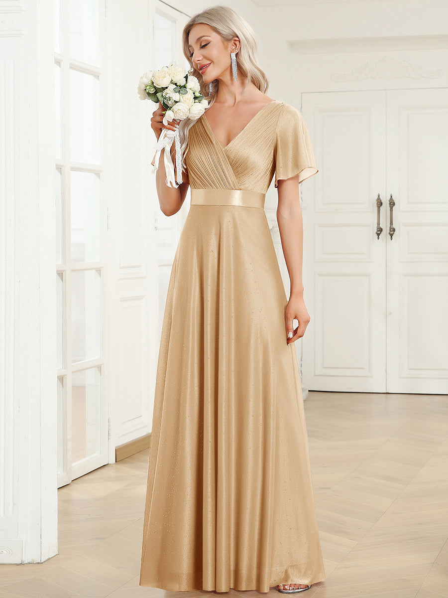 Sparkling Short Sleeve V-Neck Ribbon Waist A-Line Evening Dress #color_Gold