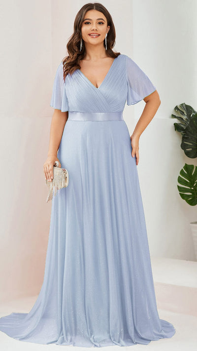 Sparkling Short Sleeve V-Neck Ribbon Waist Plus Size Formal Evening Dress #color_Ice Blue