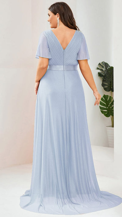 Sparkling Short Sleeve V-Neck Ribbon Waist Plus Size Formal Evening Dress #color_Ice Blue