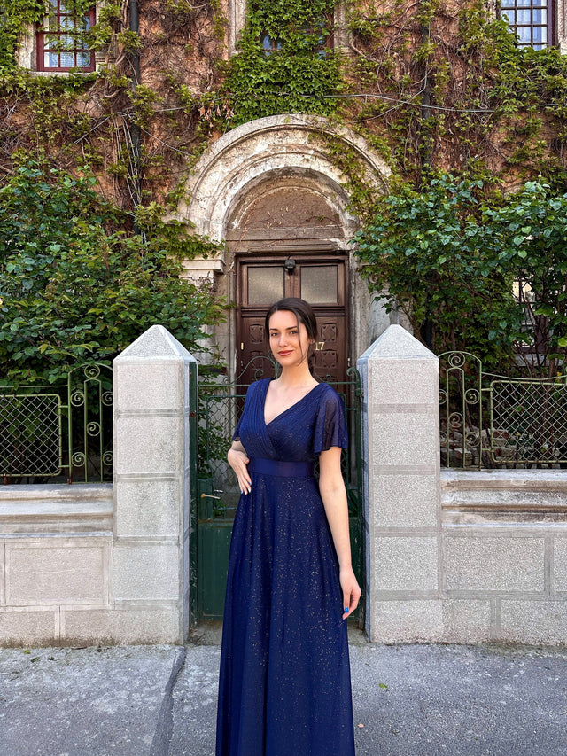 ever LIORÉ|Sparkling Short Sleeve V-Neck Ribbon Waist A-Line Evening Dress Fan Photos 7

