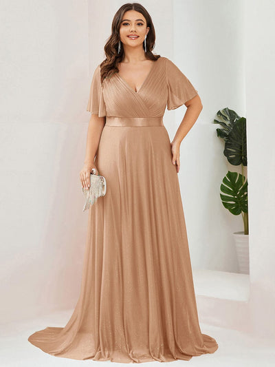 Sparkling Short Sleeve V-Neck Ribbon Waist Plus Size Formal Evening Dress #color_Rose Gold