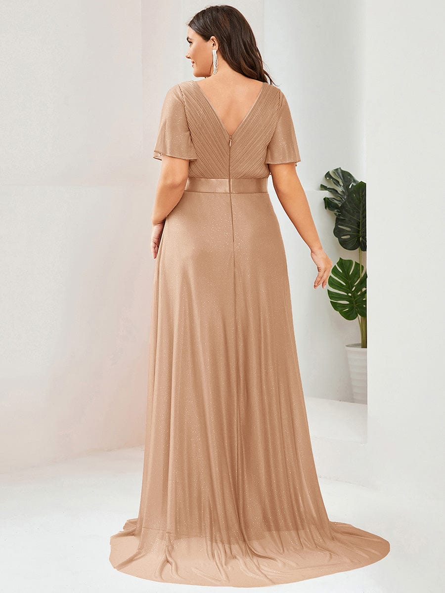 Sparkling Short Sleeve V-Neck Ribbon Waist A-Line Evening Dress #color_Rose Gold