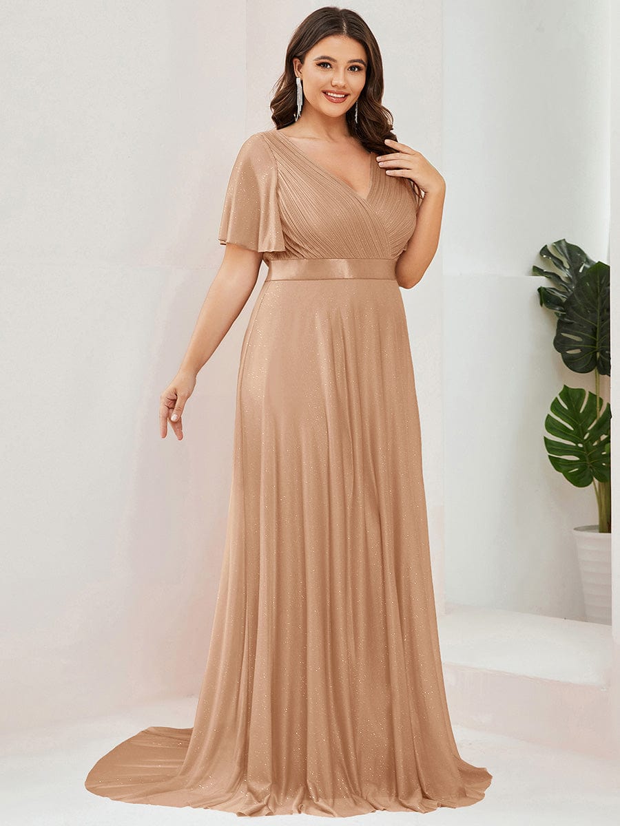 Sparkling Short Sleeve V-Neck Ribbon Waist A-Line Evening Dress #color_Rose Gold