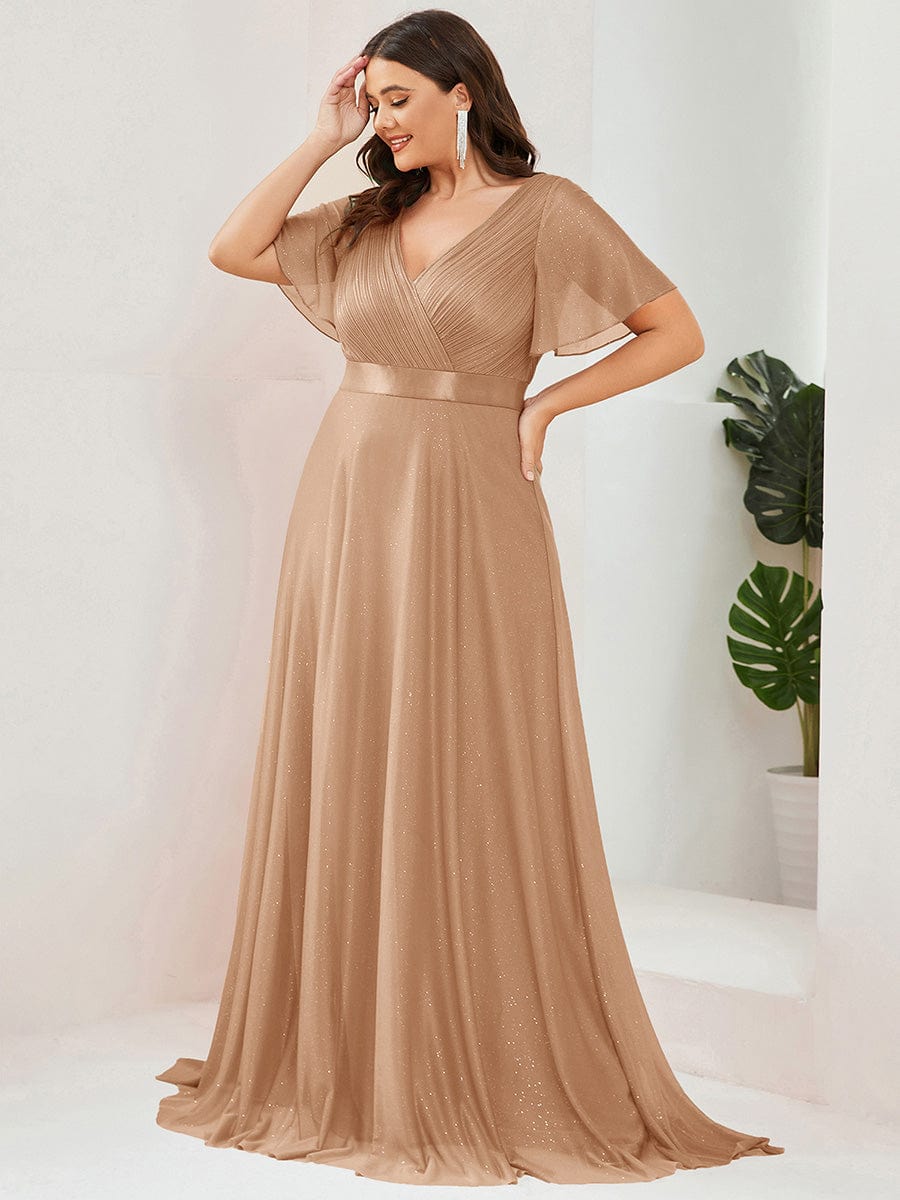Sparkling Short Sleeve V-Neck Ribbon Waist A-Line Evening Dress #color_Rose Gold