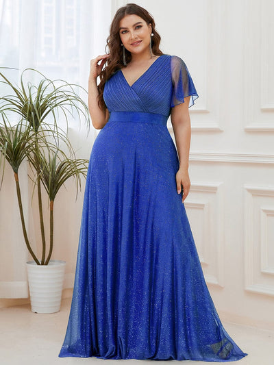 Sparkling Short Sleeve V-Neck Ribbon Waist Plus Size Formal Evening Dress #color_Sapphire Blue