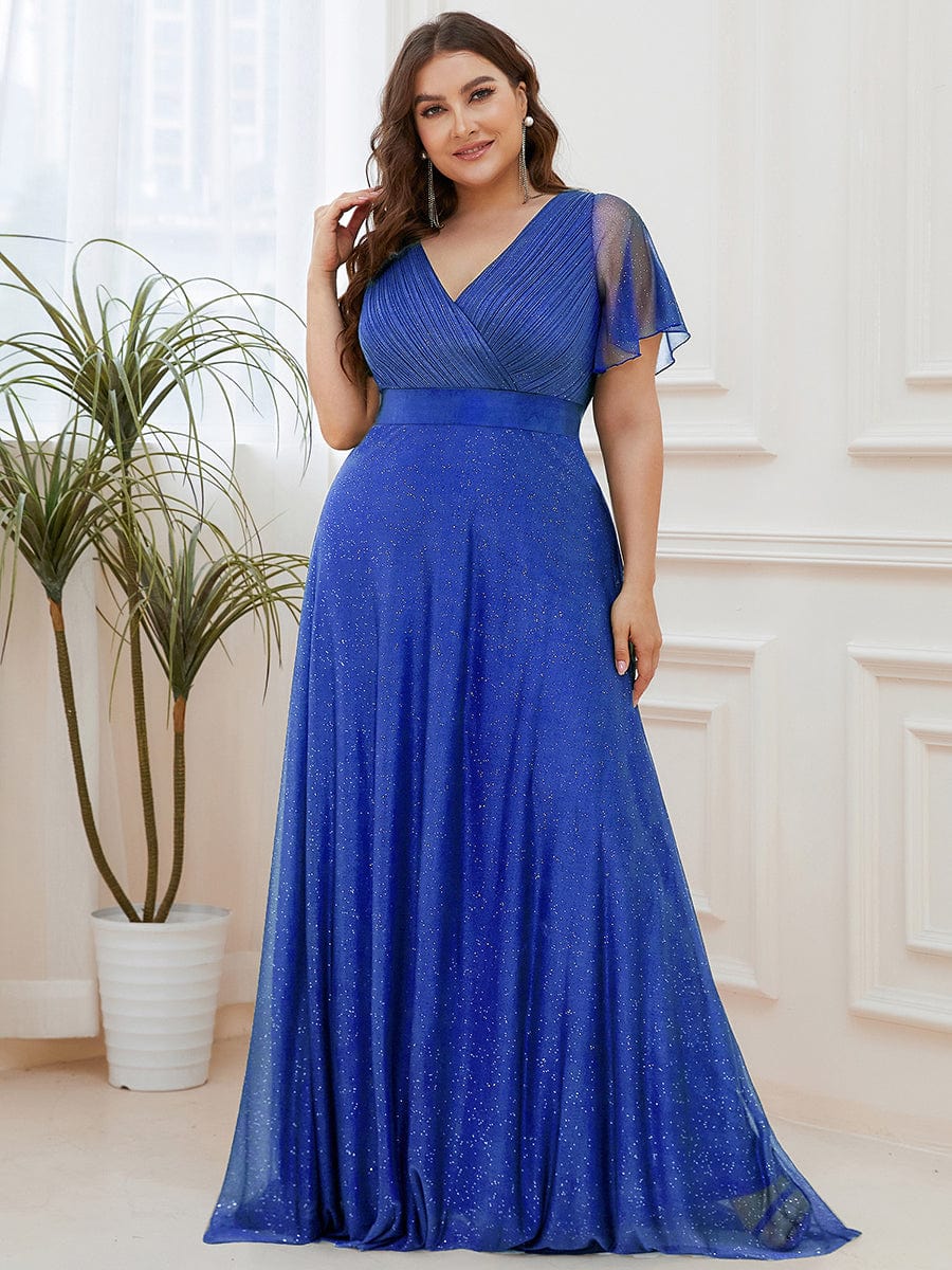 Sparkling Short Sleeve V-Neck Ribbon Waist Plus Size Formal Evening Dress #color_Sapphire Blue