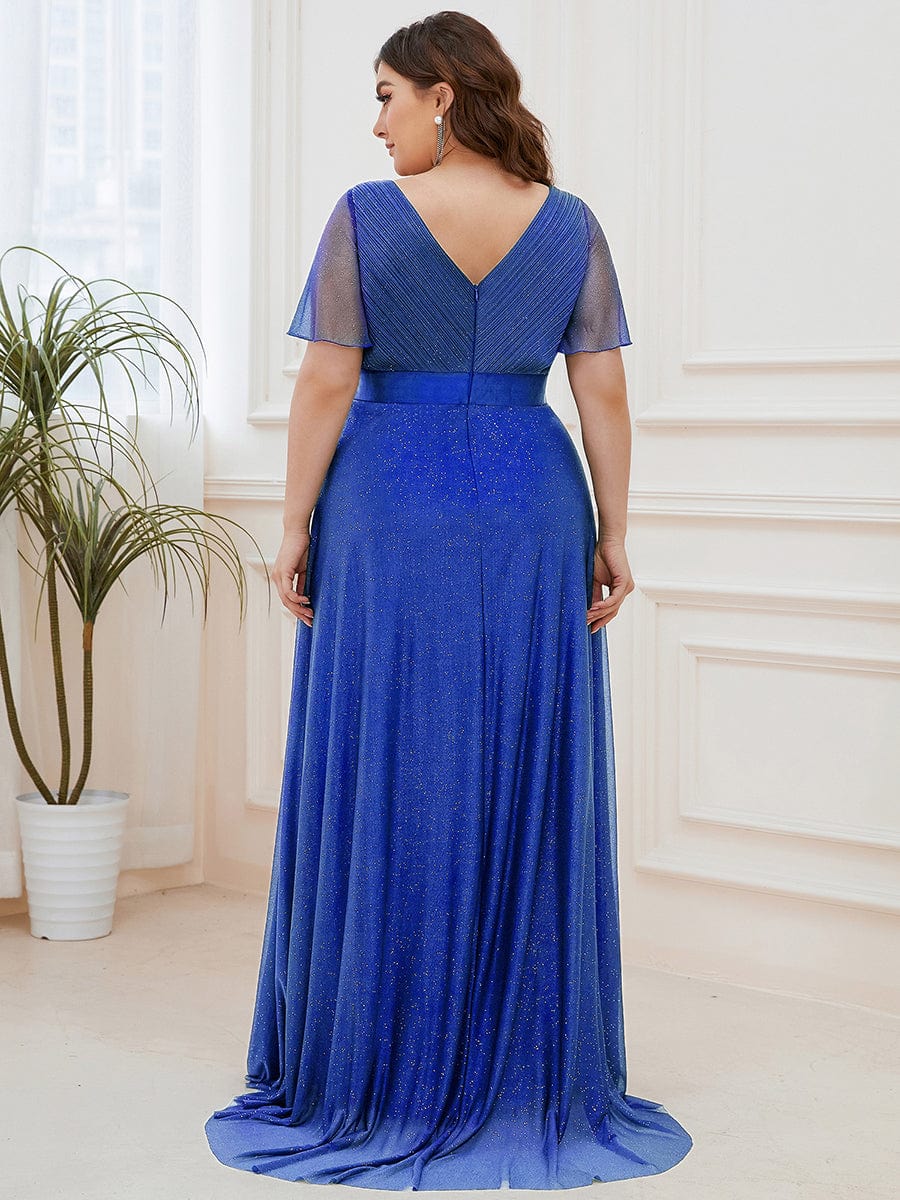 Sparkling Short Sleeve V-Neck Ribbon Waist Plus Size Formal Evening Dress #color_Sapphire Blue