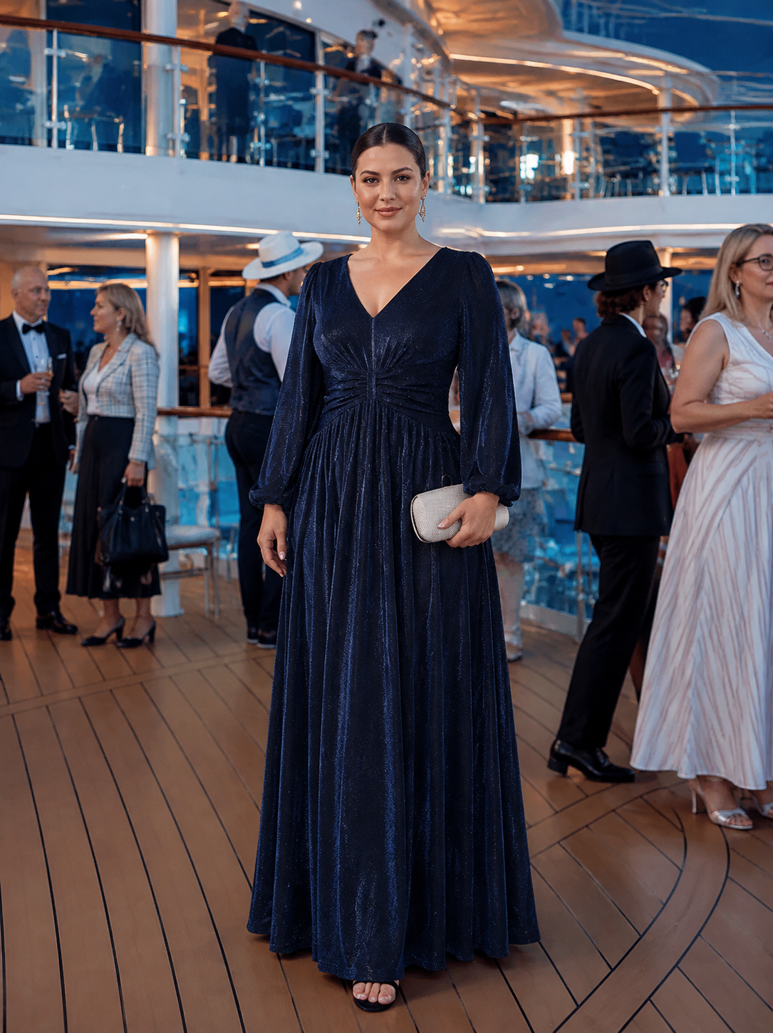 Plus Size Lurex Mesh Puff Sleeve Evening Dress #color_Navy Blue