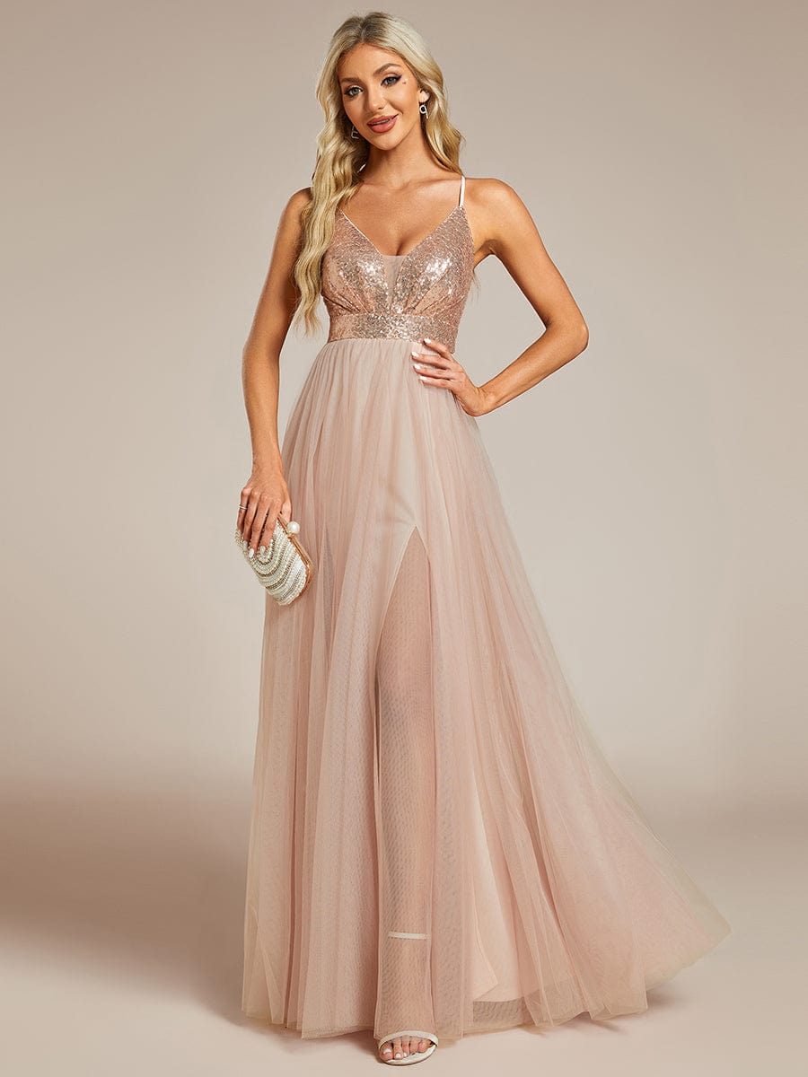 V-Neck Sequins and Tulle Backless Formal Evening Dress #color_Rose Gold