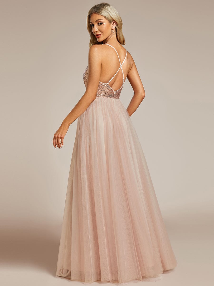 V-Neck Sequins and Tulle Backless Formal Evening Dress #color_Rose Gold