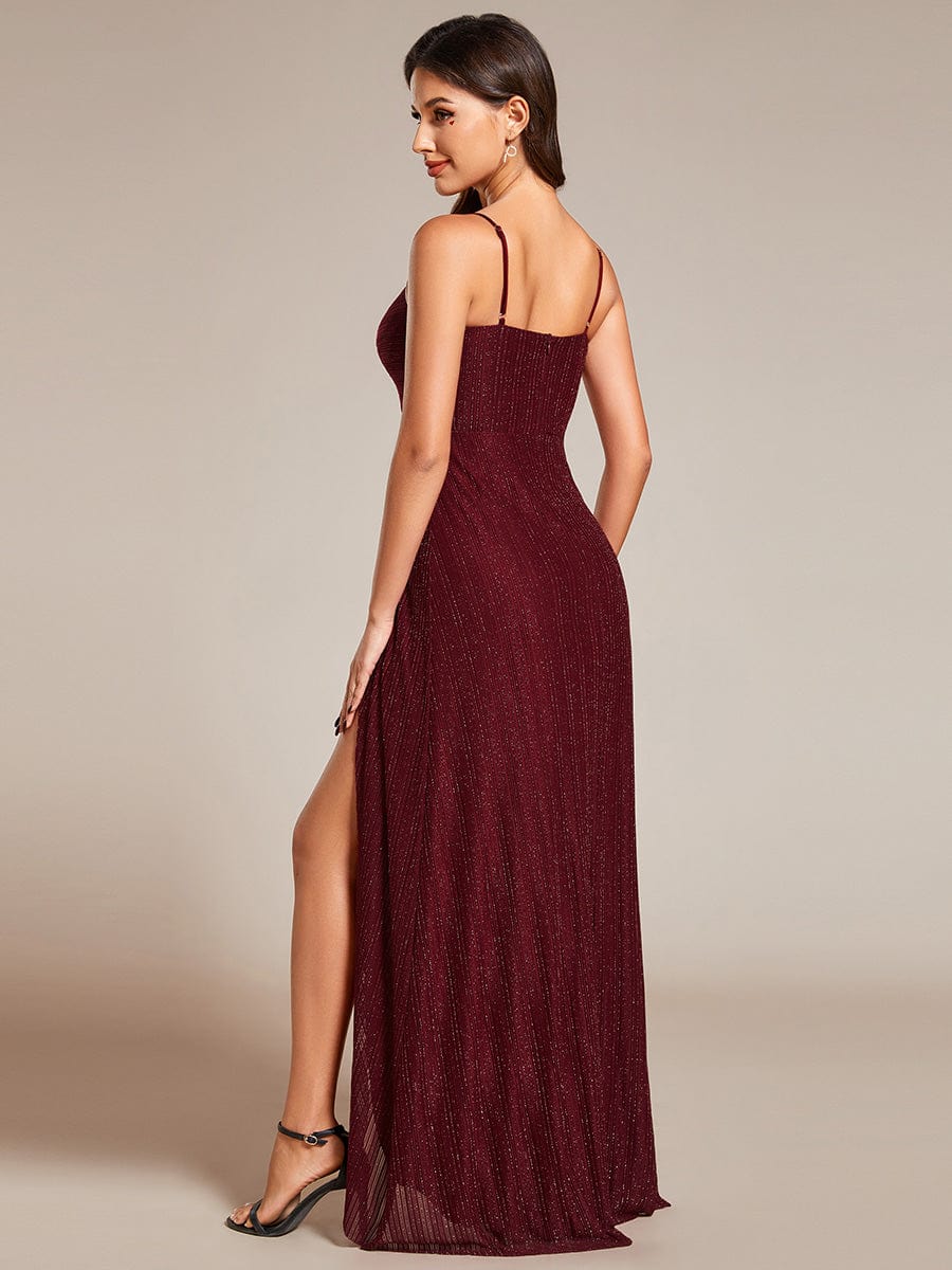 Elegant High Slit V-Neck Sleeveless Formal Evening Dress with Pleating #color_Burgundy