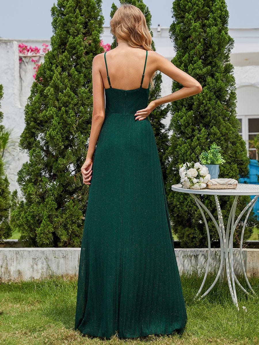 Elegant High Slit V-Neck Sleeveless Formal Evening Dress with Pleating #color_Dark Green