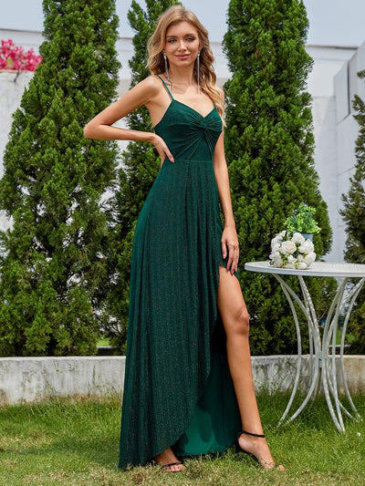 Elegant High Slit Sleeveless Formal Evening Dress with V-Neck Pleating ...