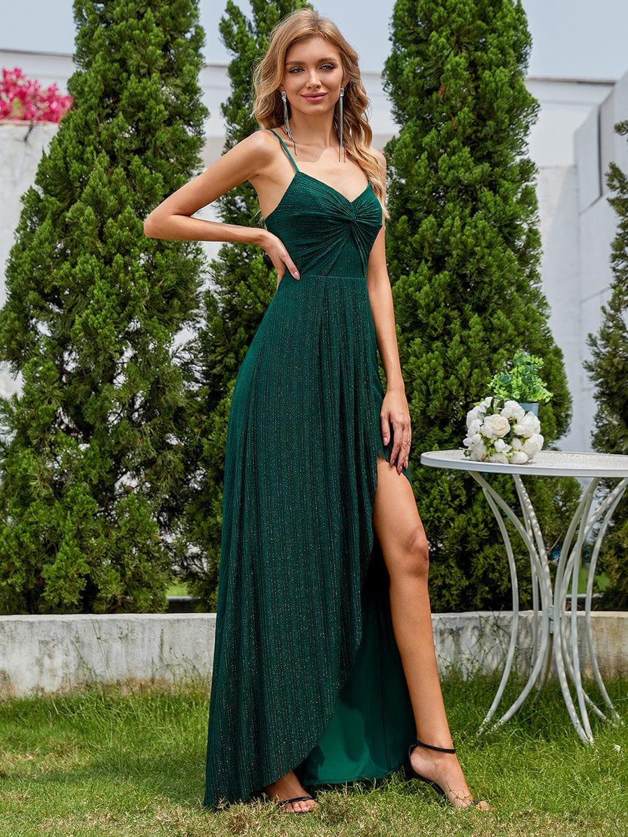Elegant High Slit V-Neck Sleeveless Formal Evening Dress with Pleating #color_Dark Green