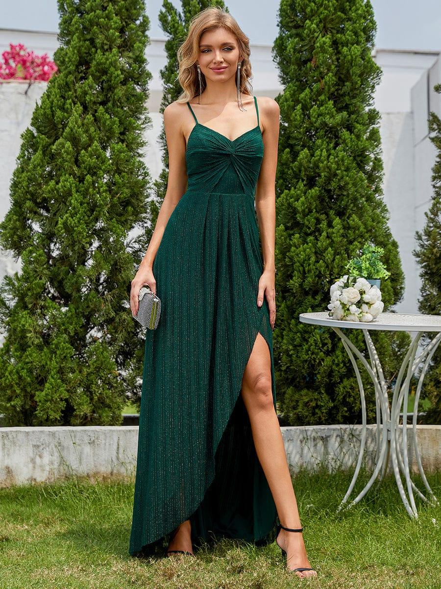 Elegant High Slit V-Neck Sleeveless Formal Evening Dress with Pleating #color_Dark Green