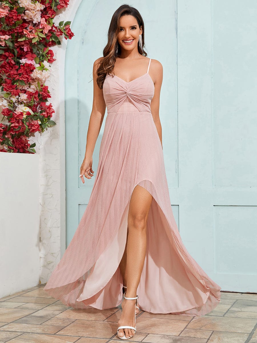 Elegant High Slit V-Neck Sleeveless Formal Evening Dress with Pleating #color_Pink