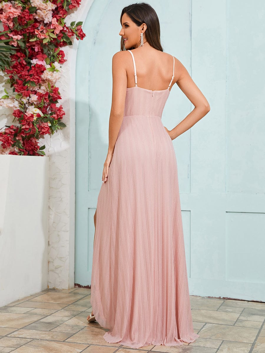 Elegant High Slit V-Neck Sleeveless Formal Evening Dress with Pleating #color_Pink