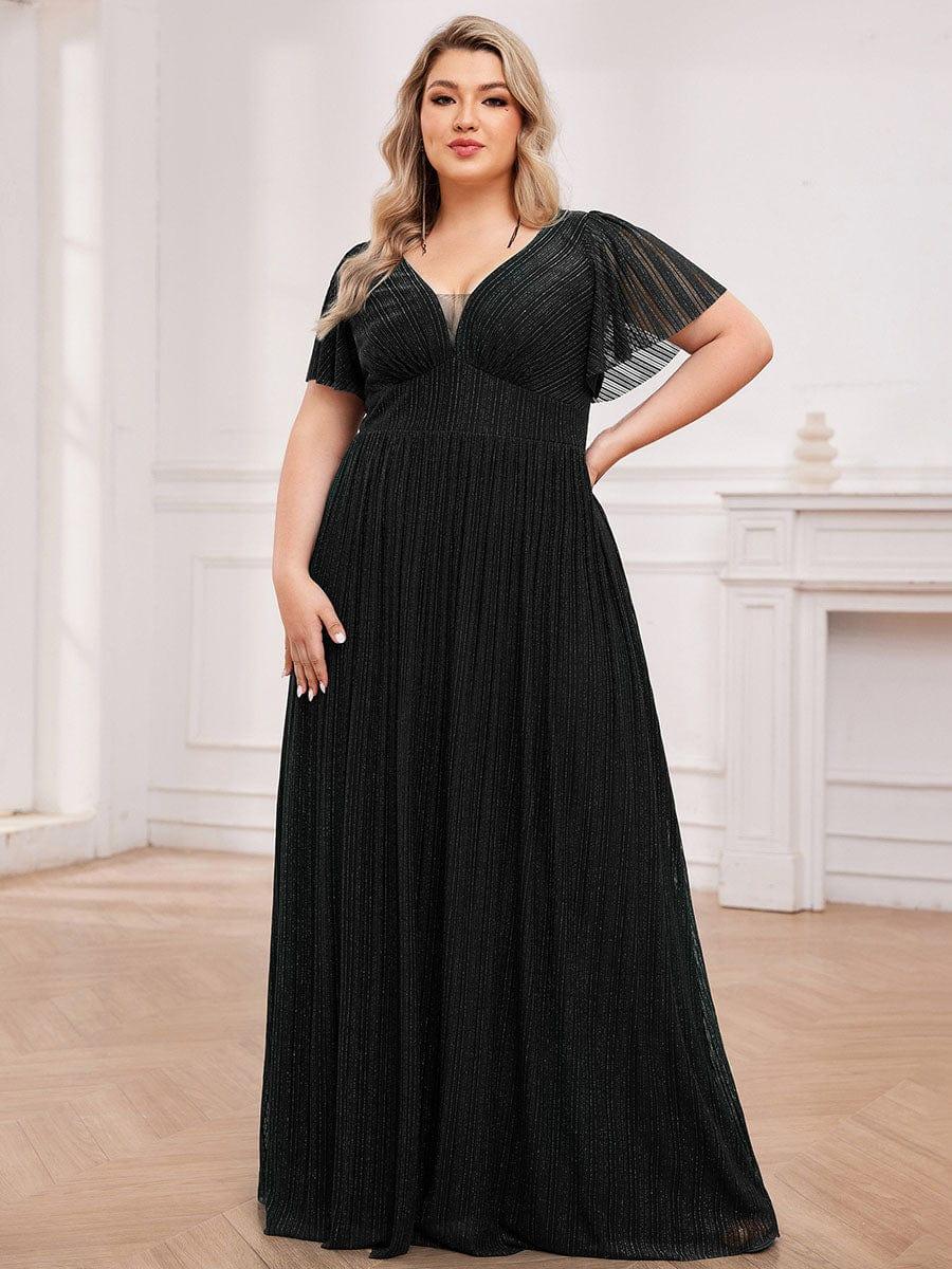 Sparkle See-Through V-Neck Empire Waist Formal Evening Dress with Short Sleeves #color_Black
