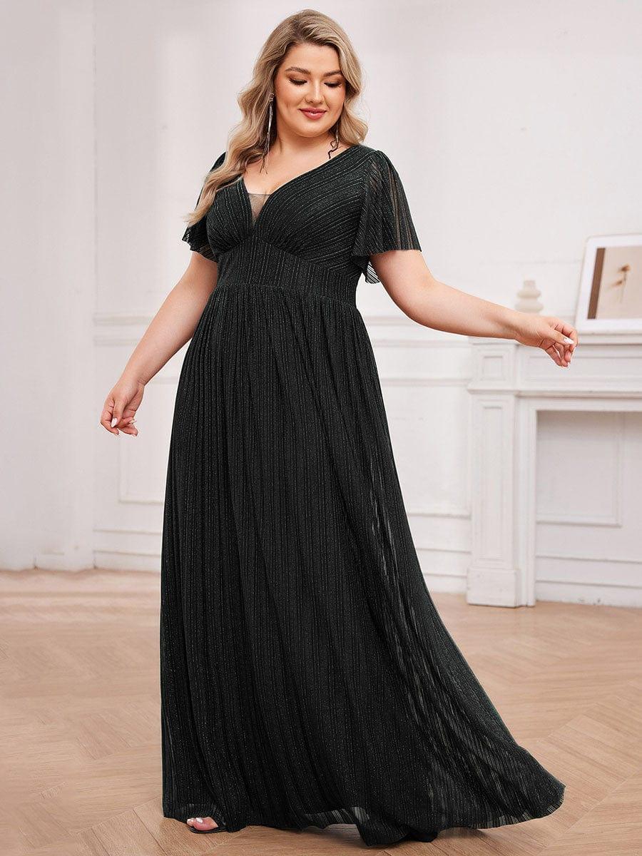 Sparkle See-Through V-Neck Empire Waist Formal Evening Dress with Short Sleeves #color_Black