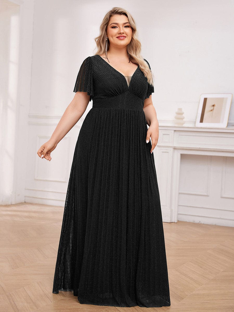 Sparkle See-Through V-Neck Empire Waist Formal Evening Dress with Short Sleeves #color_Black