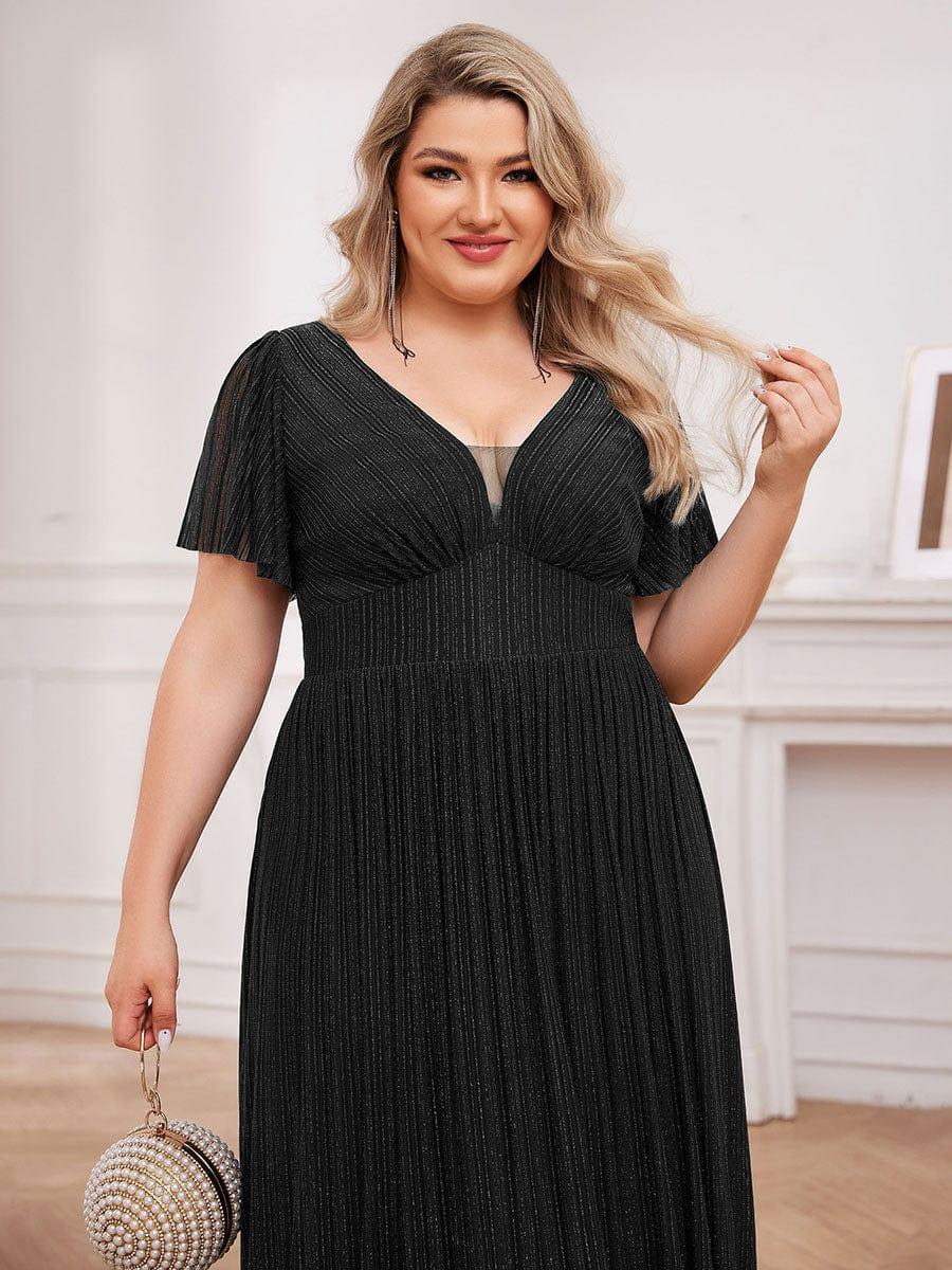 Sparkle See-Through V-Neck Empire Waist Formal Evening Dress with Short Sleeves #color_Black