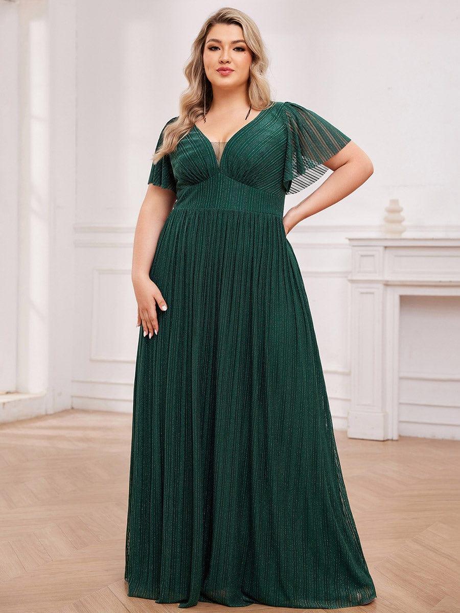 Sparkle See-Through V-Neck Empire Waist Formal Evening Dress with Short Sleeves #color_Dark Green