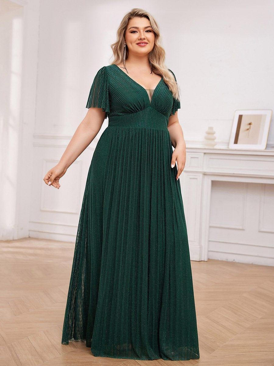 Sparkle See-Through V-Neck Empire Waist Formal Evening Dress with Short Sleeves #color_Dark Green