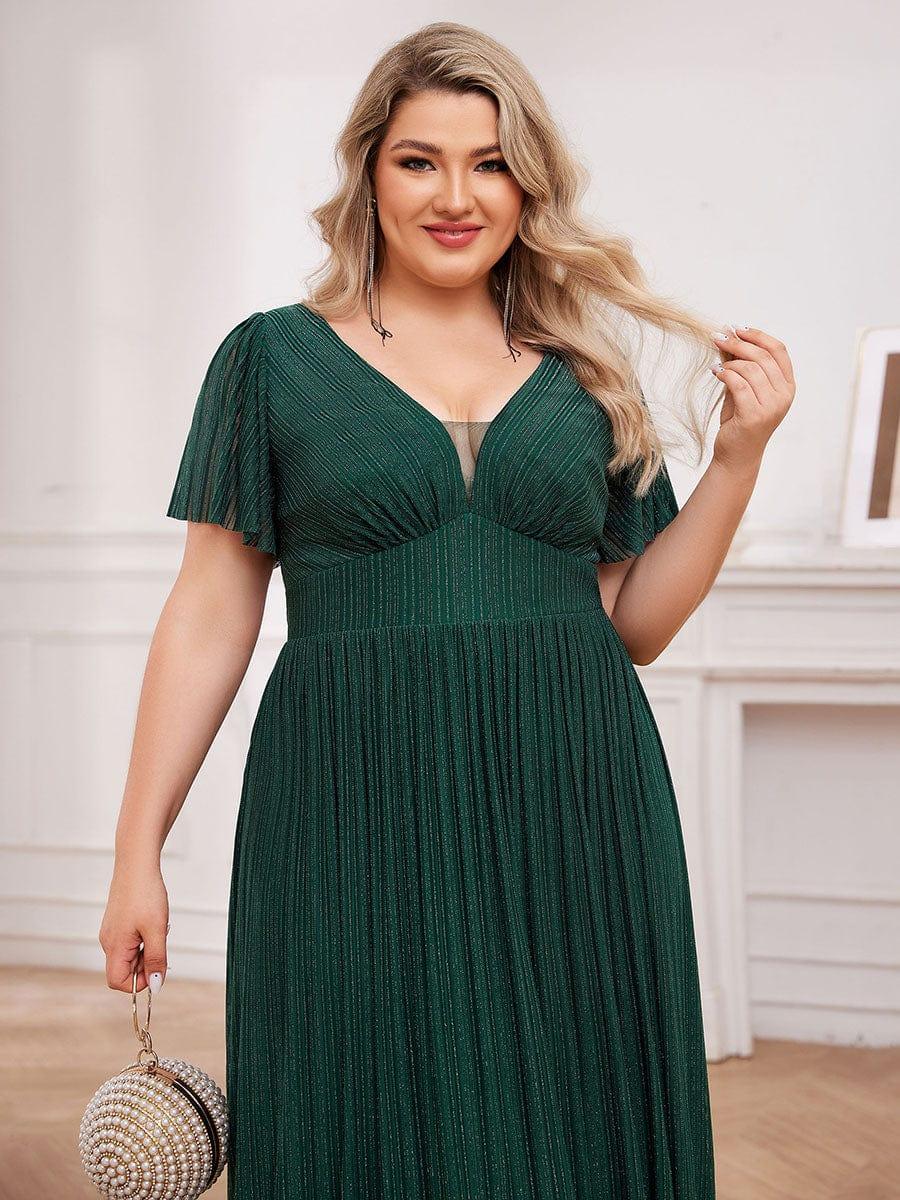 Sparkle See-Through V-Neck Empire Waist Formal Evening Dress with Short Sleeves #color_Dark Green