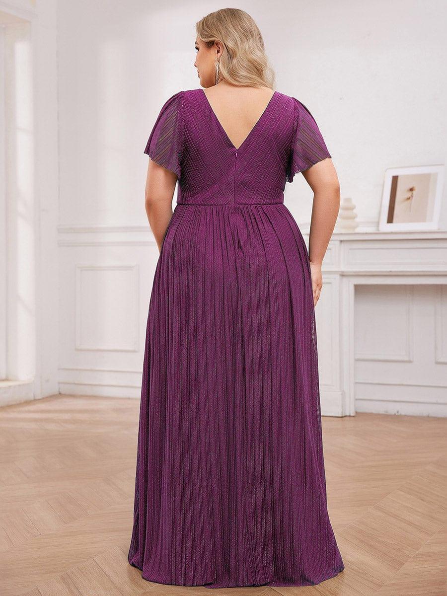 Sparkle See-Through V-Neck Empire Waist Formal Evening Dress with Short Sleeves #color_Purple Wisteria