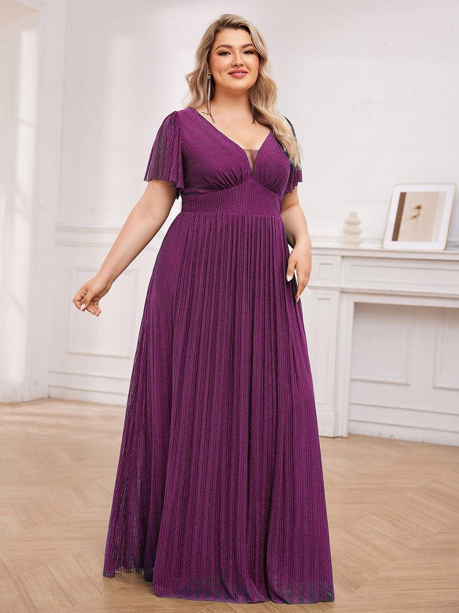 Sparkle See-Through V-Neck Empire Waist Formal Evening Dress with Short Sleeves #color_Purple Wisteria