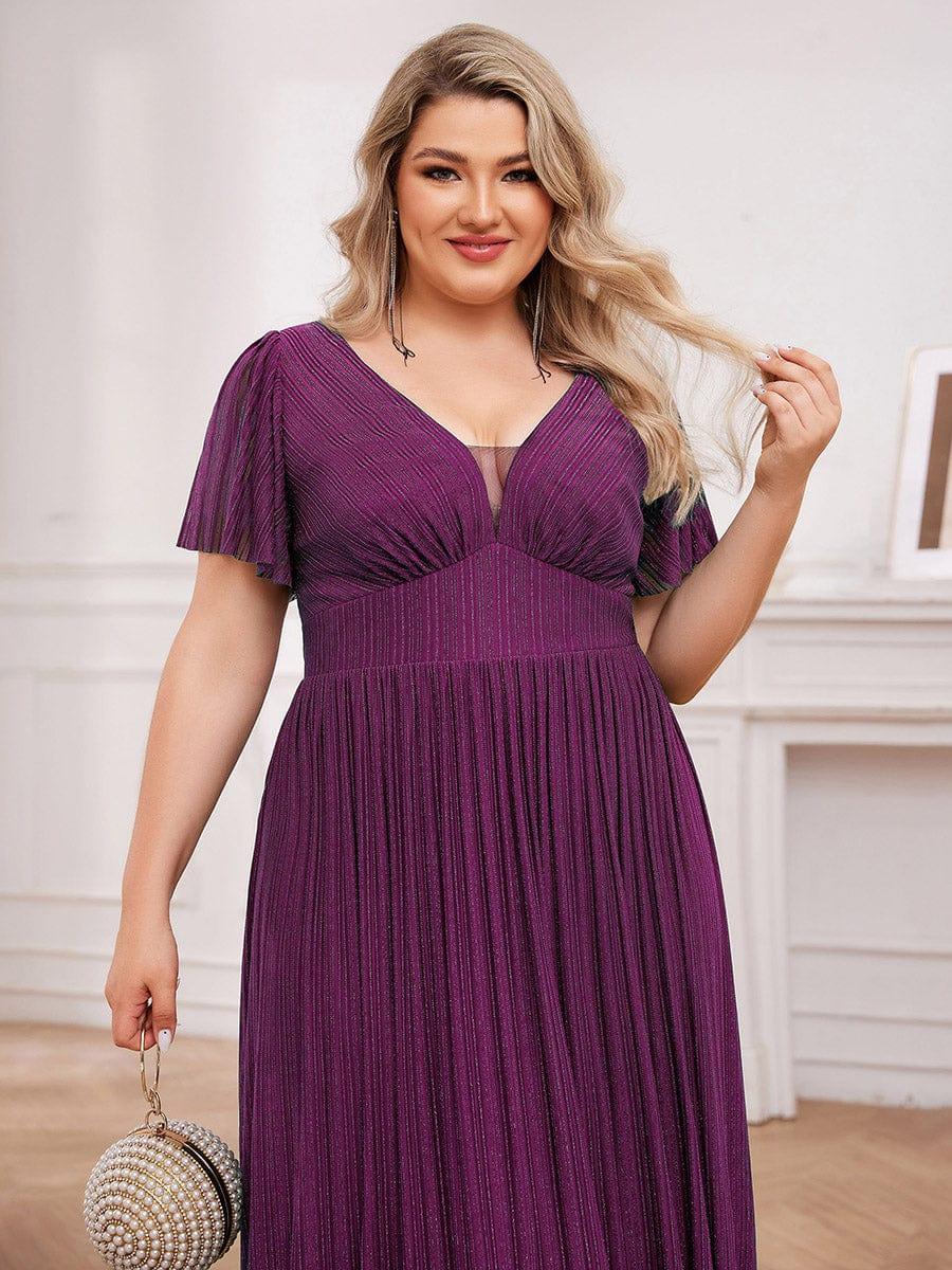 Sparkle See-Through V-Neck Empire Waist Formal Evening Dress with Short Sleeves #color_Purple Wisteria