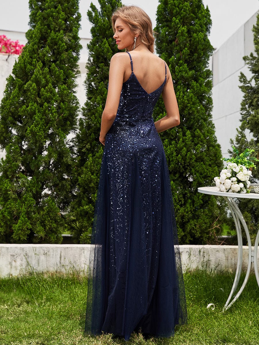 Sequined Tulle High-Waisted A-Line Sleeveless Evening Dress with V-Neck #color_Navy Blue