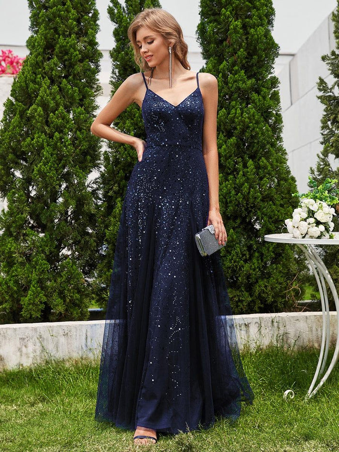Sequined Tulle V-Neck A-Line Sleeveless Evening Dress with High-Waist