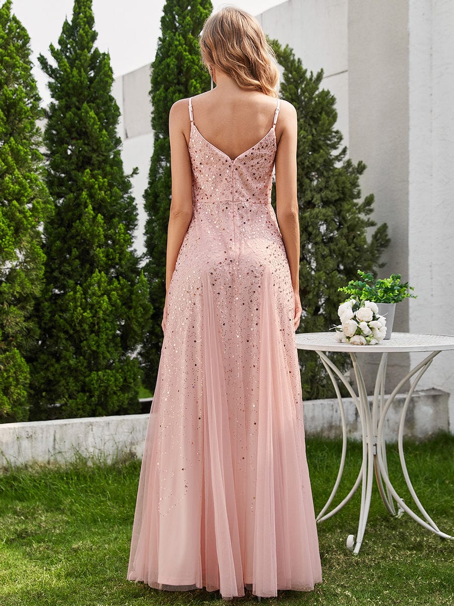 Sequined Tulle High-Waisted A-Line Sleeveless Evening Dress with V-Neck #color_Pink