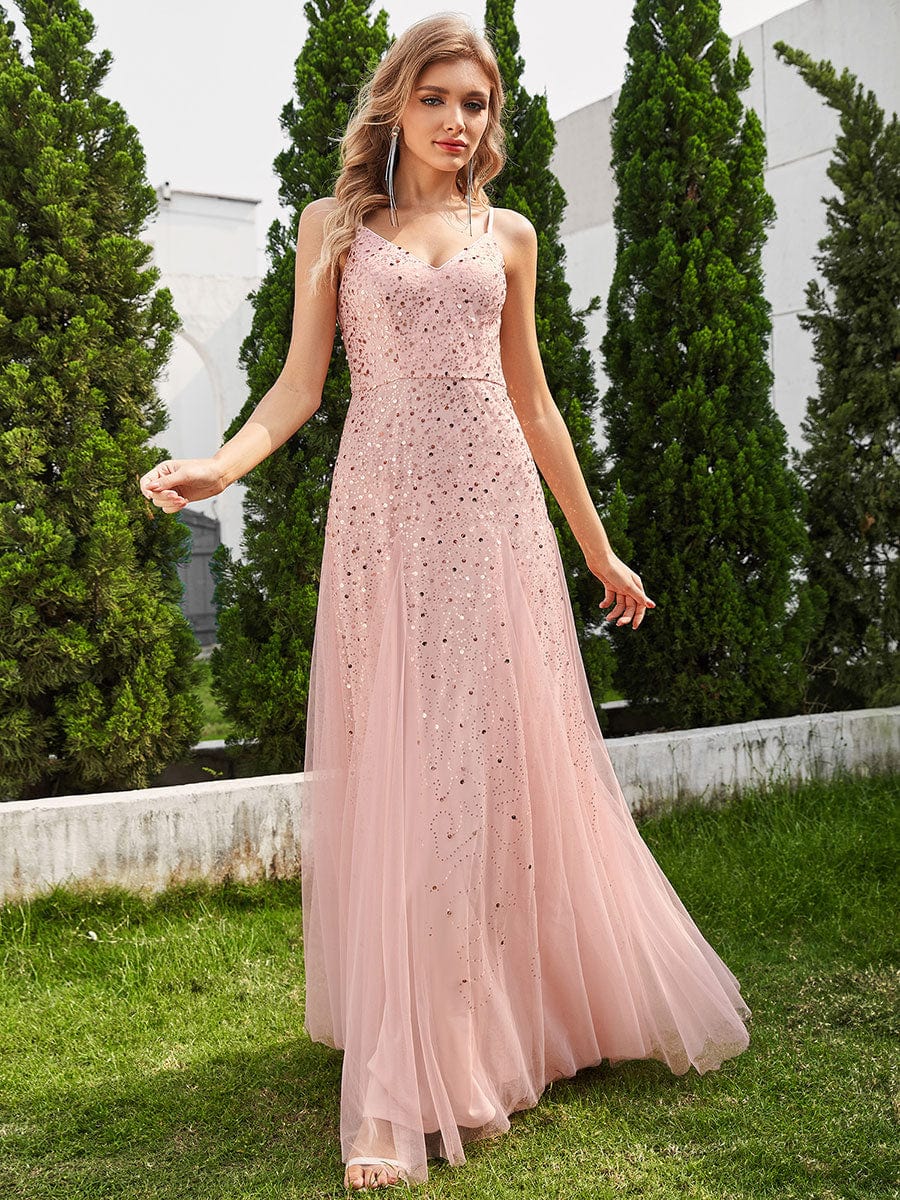 Sequined Tulle High-Waisted A-Line Sleeveless Evening Dress with V-Neck #color_Pink