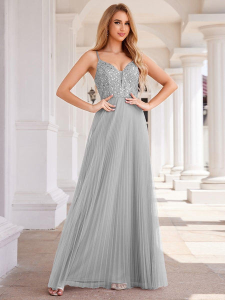 Ever-Pretty Sequined Bodice Backless Evening Dress with V-Neck and Tulle Skirt